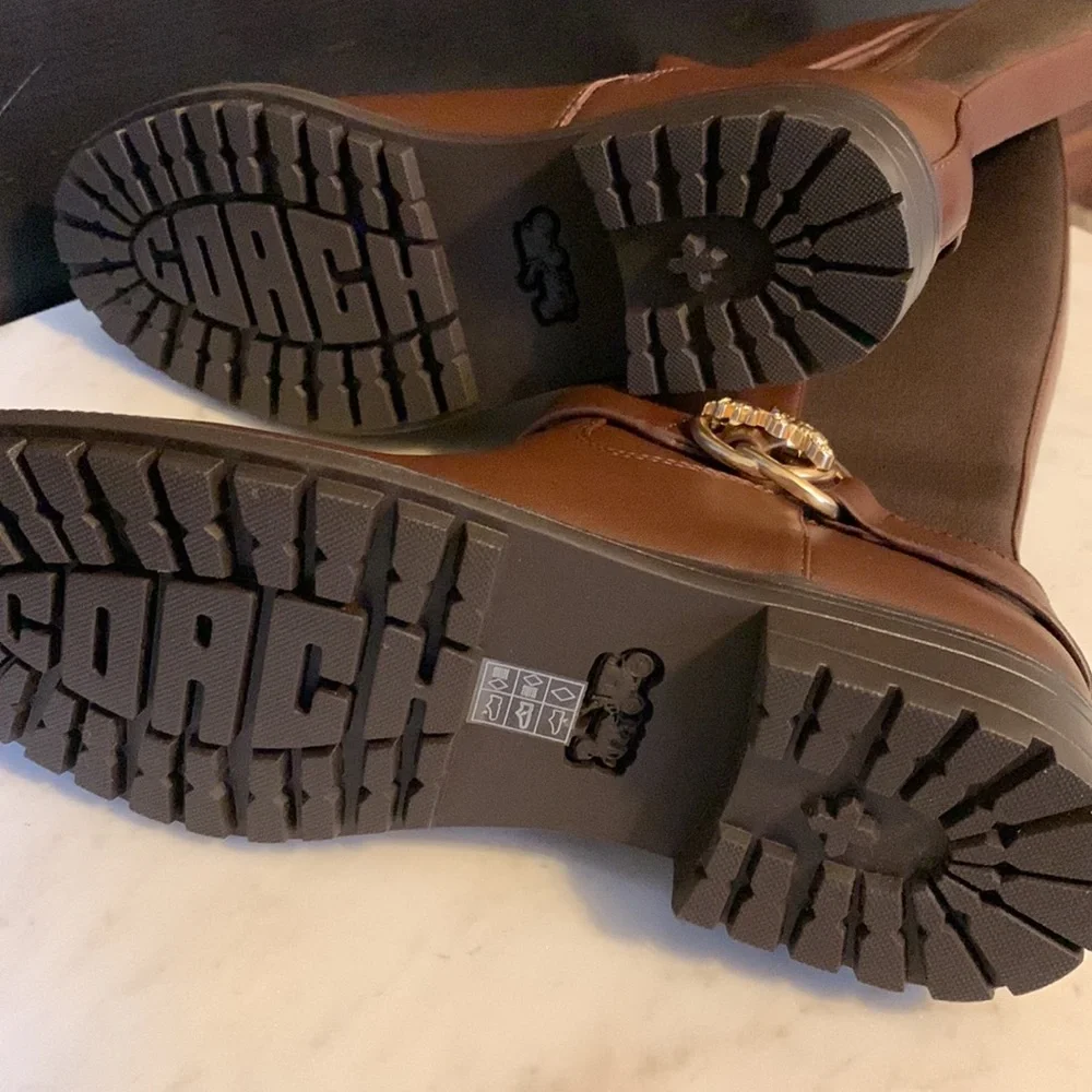 Coach Farrah Logo Buckle Tall Riding Boots in Brown